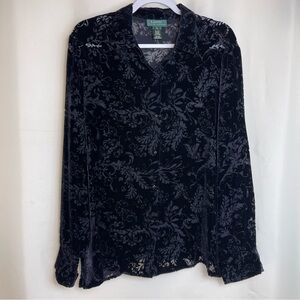 Lauren Ralph Laren Womens  Black Velvet Burnout Blouse Silk Blend Sz XL
